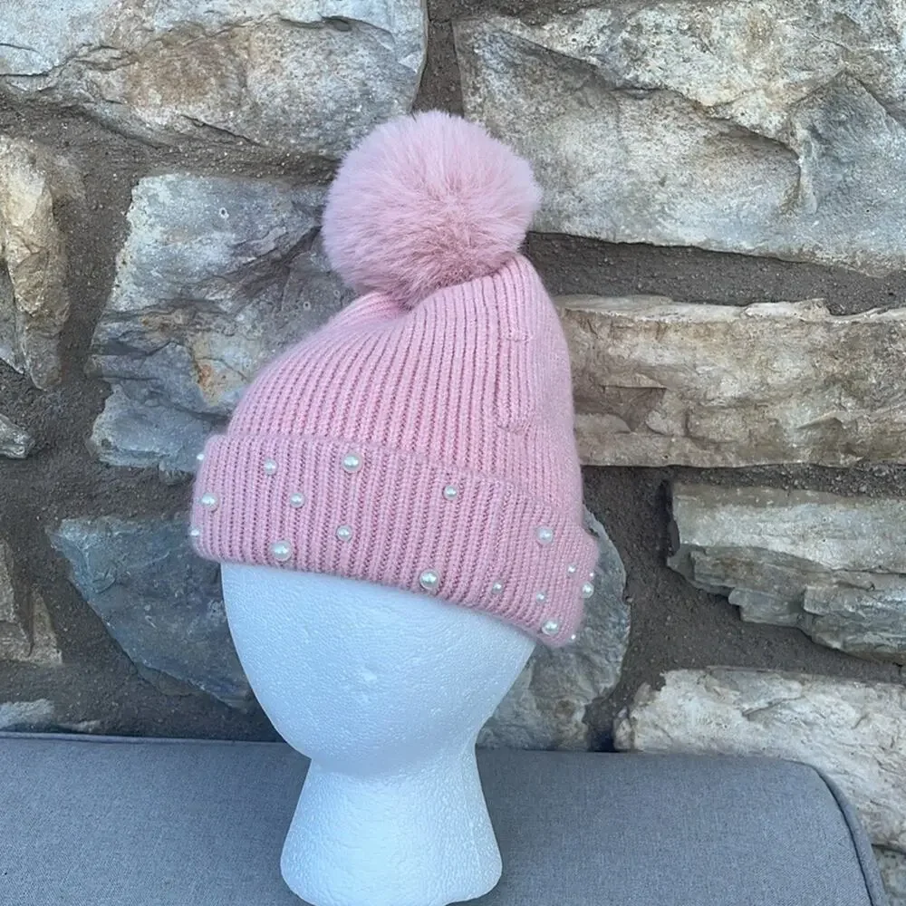 Zara Kids light pink beanie hat pompom faux pearls